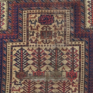 Baluch camel ground prayer rug with animals, abstracted shrubs, and a Shi'a inscription that reads, 'Allah, Muhammad, Ali, Hassan, Hussein' kilim ends preserved.          