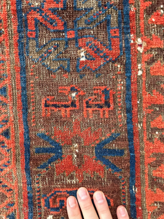 Smaller Baluch main carpet with a "Mushwani" design. Good age and patina, rip in field, fantastic color, paired animals, a nice older example from Western Afghanistan