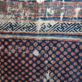 very very old Khotan or Gansu polka dot fragment with archaic border                     