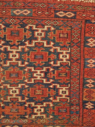 A colorful Turkmen Aksu torba? Indeed so! This early eastern Turkmen torba fragment has great scale and precisely rendered drawing illustrated with both super color and range of color. greenS, blueS, Silk.  ...