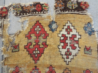 Konya Cappadocia rug fragment, 17th/18th cen. Tile design on a modulated tawny and yellow ground. great color, cool construction, obvious condition issues :) size: 3'4"x5'        