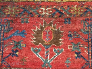 Super colorful Bashir Central Asian / Middle Amu Darya area carpet. older than most. Worn but more or less complete with an elem on one end and a border on the other.  ...