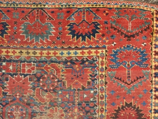 Super colorful Bashir Central Asian / Middle Amu Darya area carpet. older than most. Worn but more or less complete with an elem on one end and a border on the other.  ...