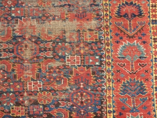 Super colorful Bashir Central Asian / Middle Amu Darya area carpet. older than most. Worn but more or less complete with an elem on one end and a border on the other.  ...