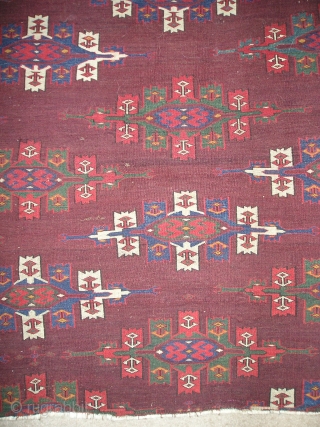 Fragment of an old and great Yomud kepse gul carpet with rich color including super saturated green and blue-green.  Great handle, symmetrically knotted with some staggering/ alternation of knotting. (apx. 33"  ...