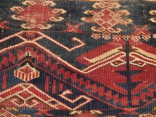 Ersari torba, dynamic drawing and nice colors with a few highlight knots of cochineal silk.  Looks like it was made into upholstery at some point. There is a small patch or  ...