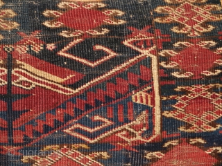 Ersari torba, dynamic drawing and nice colors with a few highlight knots of cochineal silk.  Looks like it was made into upholstery at some point. There is a small patch or  ...