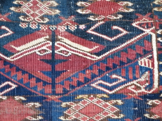 Ersari torba, dynamic drawing and nice colors with a few highlight knots of cochineal silk.  Looks like it was made into upholstery at some point. There is a small patch or  ...