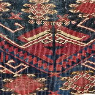 Ersari torba, dynamic drawing and nice colors with a few highlight knots of cochineal silk.  Looks like it was made into upholstery at some point. There is a small patch or  ...