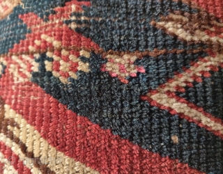 Ersari torba, dynamic drawing and nice colors with a few highlight knots of cochineal silk.  Looks like it was made into upholstery at some point. There is a small patch or  ...