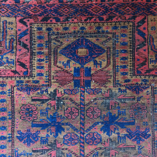 Unusual Baluch prayer rug with dark natural undyed camel wool and saturated natural dyes. An eccentric rendering of a classic design type replete with animals. Larger size than most, 3'3"x5'10"