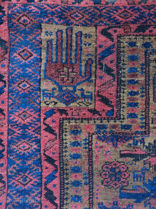 Unusual Baluch prayer rug with dark natural undyed camel wool and saturated natural dyes. An eccentric rendering of a classic design type replete with animals. Larger size than most, 3'3"x5'10"