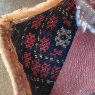 Small Baluch chanteh bag with a very uncommon design. Pile front , flat woven back with some leather               