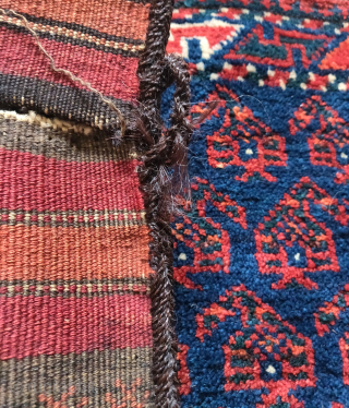 Complete antique Baluch balisht. Great wool , saturated natural color, complete striped back and gist hair fasteners still intact.