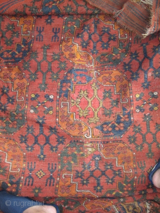 Ersari Main Carpet with Guli-Guls. Quirky drawing of field elements, good reciprocal spaces and nice colors including two different slate or olive greens. It is very difficult for my camera to represent  ...