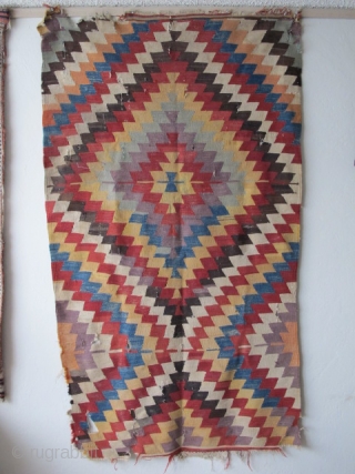 Turkish eye-dazzler Kilim, perhaps western Anatolian or Monastir. Complete piece with purple, green, two oranges, red and yellow. (46"x82" 117x208cm)             