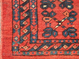 Ersari Trapping, great vibrant madder red. The top row of ornament is drawn on a smaller scale while the bottom is larger-scale spaced more openly. This contrast in composition is further highlighted  ...