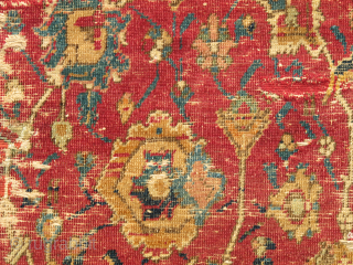 Isfahan Carpet, Safavid era, first half 17th century, silk and cotton warp, cotton weft, lac red ground, fine weave, cut and shut, scattered old repair and damage, still majestic. size= 4'8"x6'
 Note  ...