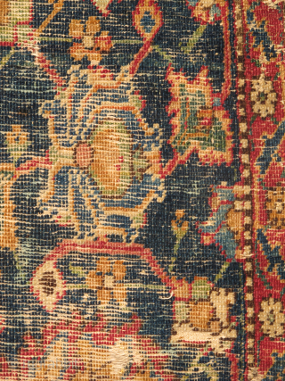 Isfahan Carpet, Safavid era, first half 17th century, silk and cotton warp, cotton weft, lac red ground, fine weave, cut and shut, scattered old repair and damage, still majestic. size= 4'8"x6'
 Note  ...