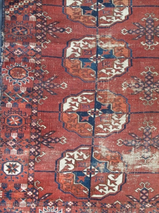 Tekke Square Mat, large guls, great elem, intriguing borders, fine handle, very old. (4'1"x4'2" 123x125cm)
                  