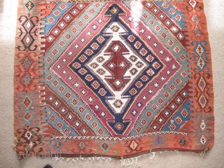 Very long antique Reyhanli kilim from Eastern Anatolia. Older than most with a very good color range and saturation including a great ox-blood maroon, two greens two oranges, at least three blues,  ...