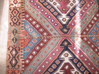 Very long antique Reyhanli kilim from Eastern Anatolia. Older than most with a very good color range and saturation including a great ox-blood maroon, two greens two oranges, at least three blues,  ...