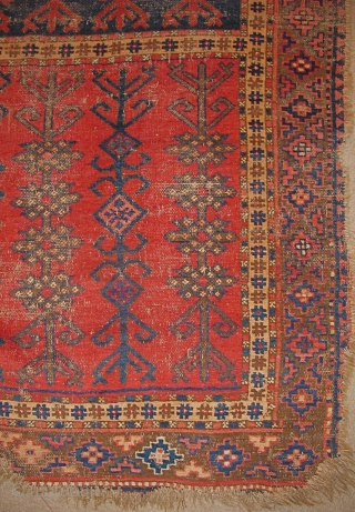 Truly Tribal, Authentically Antique Kirghiz Main Carpet. Three compartments of eshik-tish staffs. single wefted, all natural colors including madder red, insect / cochineal magenta used sparingly as highlights, several blues, including the  ...