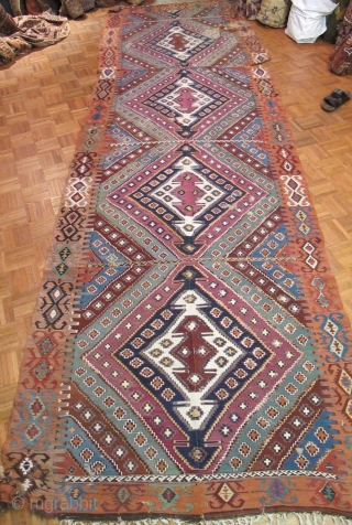 Very long antique Reyhanli kilim from Eastern Anatolia. Older than most with a very good color range and saturation including a great ox-blood maroon, two greens two oranges, at least three blues,  ...