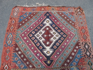 Very long antique Reyhanli kilim from Eastern Anatolia. Older than most with a very good color range and saturation including a great ox-blood maroon, two greens two oranges, at least three blues,  ...