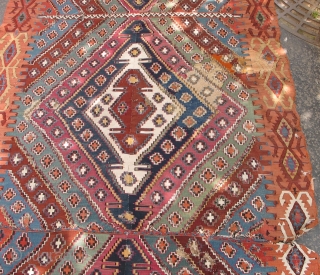 Very long antique Reyhanli kilim from Eastern Anatolia. Older than most with a very good color range and saturation including a great ox-blood maroon, two greens two oranges, at least three blues,  ...