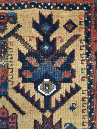 Small camel ground Baluch rug with stylized pallettes. Very fancy with highlights in white cotton pile, yellow wool pile (not camel), and peach. 2'6x3'2" Worn but very readable and enjoyable with great  ...