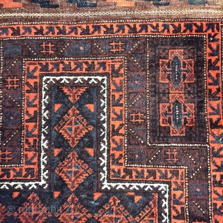 Large, very rustic / tribal Baluch prayer rug. Amazingly soft wool, all good colors.verx unusual back. Lots of Aubergine! Western Afghanistan, perhaps somewhere outside of Herat? 105x148cm      
