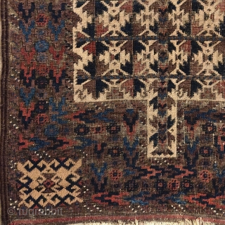 Enigmatic double niched Baluch rug. This is the only example of the format that I have seen that is asymmetrically knotted. There are two distinct colors of camel used, one in the  ...