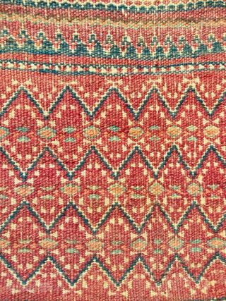 Baluch double-sided flatwoven salt bag, tribal region, Northwest frontier, an old one with great color and execution, old repair in one side at the edge of the neck which itself is probably  ...