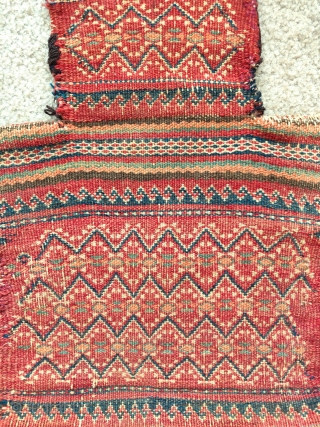 Baluch double-sided flatwoven salt bag, tribal region, Northwest frontier, an old one with great color and execution, old repair in one side at the edge of the neck which itself is probably  ...