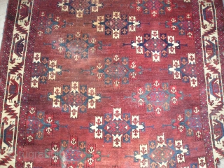 Yomut Turkmen Kepse Gul Main Carpet with a Boat Border (fantastically drawn). Great color, soft wool, dirt, hole, moth-damage, stains. kilim (which include cotton) on both ends and chords still attached on  ...