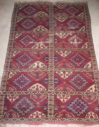 Kizyl Ayak or Choob Bash Turkmen Main Carpet. Small format with compartments and Ertmen gul variants. Nicely drawn animal protomes in several colors. Fine weave, complete but with areas of wear and  ...