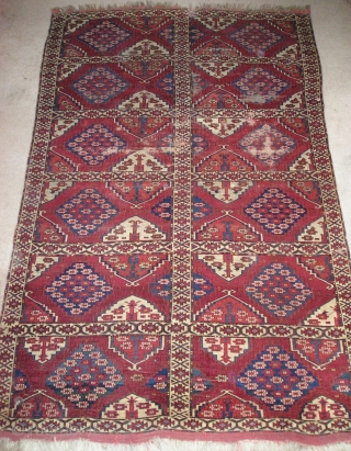 Kizyl Ayak or Choob Bash Turkmen Main Carpet. Small format with compartments and Ertmen gul variants. Nicely drawn animal protomes in several colors. Fine weave, complete but with areas of wear and  ...