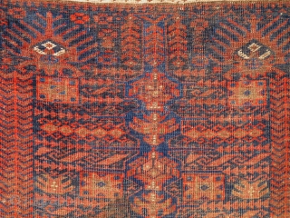 Double Tree 19th Khorosan Baluch. Perhaps based on reduction and adaptation of earlier garden carpet design. Central medallion with zig-zag kilim, all good colors with poly-chromatic blues. Small stain in medallion. I  ...