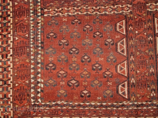 Turkmen Yomud Ensi, super soft wool, saturated color with camel wool. finely woven with asymmetrical knot open right. portions of side and selvedge missing but stabilized by patch. 125x175cm    