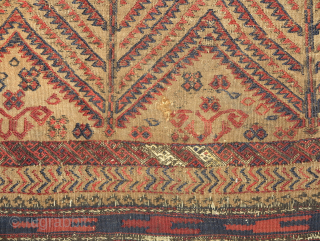 Baluch flatwoven sofreh, camel-ground with a field of repeat abstracted trees. A couple of silk highlights. Nice ends with some weft float. The piece is cut and shut at the the top  ...