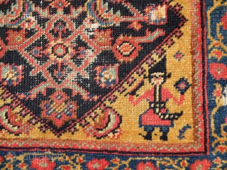 Interesting Senneh or related west Persian bagface with Qajar soldiers bearing swords and birds in the corners, nice wool and saturated natural colors including a great yellow ground. apx. 26"x 20"  