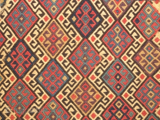 Northwest Persian flatwoven bag. Probably Kurdish. Not quite ' reverse sumak '. One side is flat while the other is more textured. Great colors including aubergine. Maybe Shahsevan Kurd?    