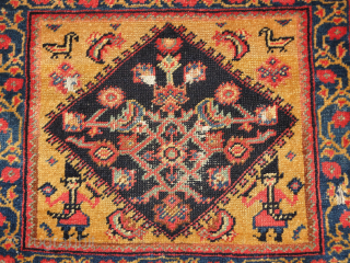 Interesting Senneh or related west Persian bagface with Qajar soldiers bearing swords and birds in the corners, nice wool and saturated natural colors including a great yellow ground. apx. 26"x 20"  