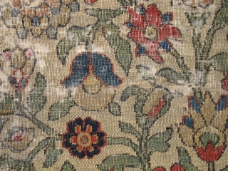 18th century Khorossan fragment with highly stylized vegetal leaves, flowers and strong East Persian minakhani references. Very finely woven, more remarkably so for a jufti knotted piece, with thread-like cotton warp and  ...