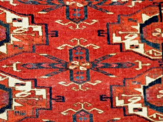 Classic Six Gul Tekke Torba, saturated color, silk highlights, candy-cane elem, nice silk, neat condition.                  