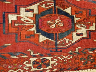 Classic Six Gul Tekke Torba, saturated color, silk highlights, candy-cane elem, nice silk, neat condition.                  