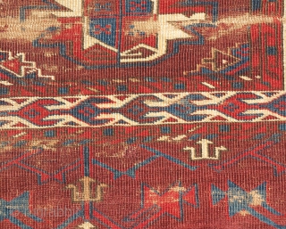 Turkmen Yomut Chuval, worn but much more interesting than most of the type. fine weave, precision detailing and great color saturation. Very interesting things happening within the negative space, especially within the  ...