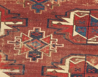 Turkmen Yomut Chuval, worn but much more interesting than most of the type. fine weave, precision detailing and great color saturation. Very interesting things happening within the negative space, especially within the  ...