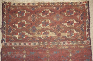 Turkmen Yomut Chuval, worn but much more interesting than most of the type. fine weave, precision detailing and great color saturation. Very interesting things happening within the negative space, especially within the  ...